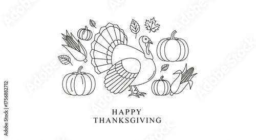 A festive flat illustration of a Happy Thanksgiving banner with a wicker basket full of colorful autumn harvest fruits and vegetables for a seasonal greeting