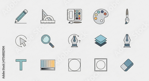 Collection of colorful outline icons representing graphic design and vector editing tools, including pencil, ruler, palette, shape, layer, and other design elements