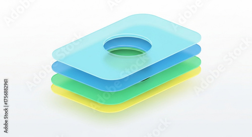 Abstract stack of translucent colored layers with a central hole, creating a visually appealing and modern design