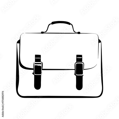 Black outline drawing of a satchel with handle and two buckle closures