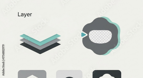 Layered design elements and icons showcasing a modern and minimalist aesthetic, ideal for user interface and graphic design projects