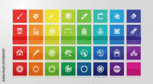 Collection of colorful design software icons, representing various tools and features for graphic design and creative projects