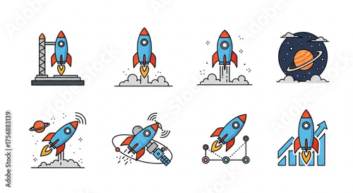 Collection of rocket launch illustrations, showcasing various stages of liftoff and flight, with planets and charts