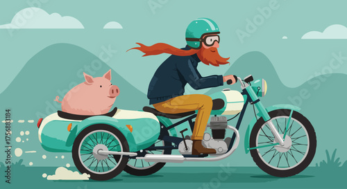 Bearded biker with pig sidekick riding a vintage motorcycle through scenic landscape