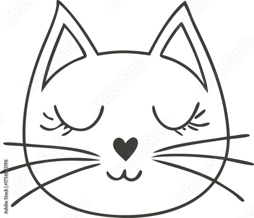 Cute hand drawn cat face with closed eyes isolated on white background