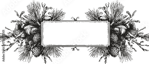 Detailed pencil draw pine cone frame with branches and needles for winter, holiday, forest themed designs and packaging.
