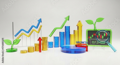 Financial growth concept with charts, coins, and plants showing positive trends, indicating investment success and business development