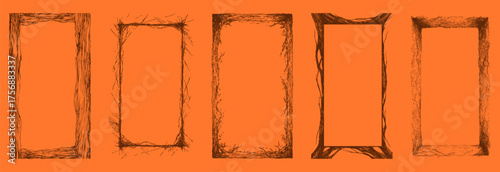 Rough wood rectangular frames with sketchy texture. Pencil draw dry ink borders on orange background for posters, labels, packaging.