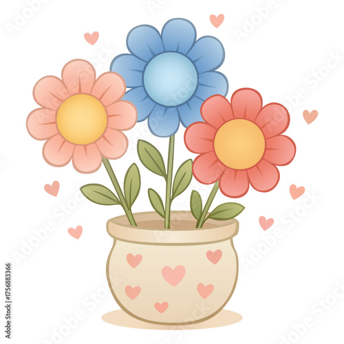 Watercolor illustration of three colorful flowers in a pot with hearts