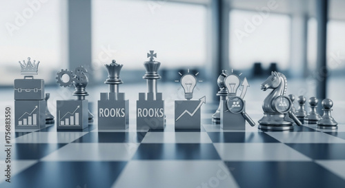 Strategic chess pieces on a chessboard symbolize business strategy, leadership, and planning for success in a competitive market, with a focus on innovation and growth