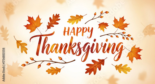 Warm autumnal illustration with vibrant maple and oak leaves surrounding elegant script lettering, perfect for Thanksgiving celebrations and seasonal greetings