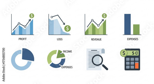 Financial analysis and accounting icons, depicting profit, loss, revenue, expenses, income, and various financial documents