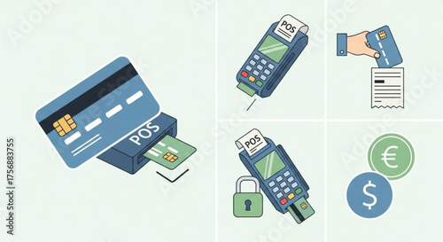 Illustrations showcasing secure point of sale transactions, featuring credit cards, pos terminals, and currency symbols