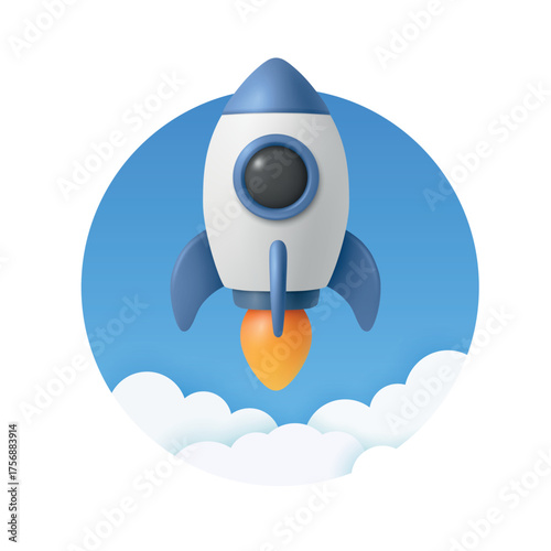 Vector 3d Rocket Launch Icon. Rocket Startup Badge in Blue Circle. Rocket Ship with Flame and Clouds for Startup, Product Launch, Space, Mission, Web and Mobile Design