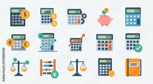 Collection of calculator icons, featuring various designs for financial calculations, accounting, and mathematical operations in business