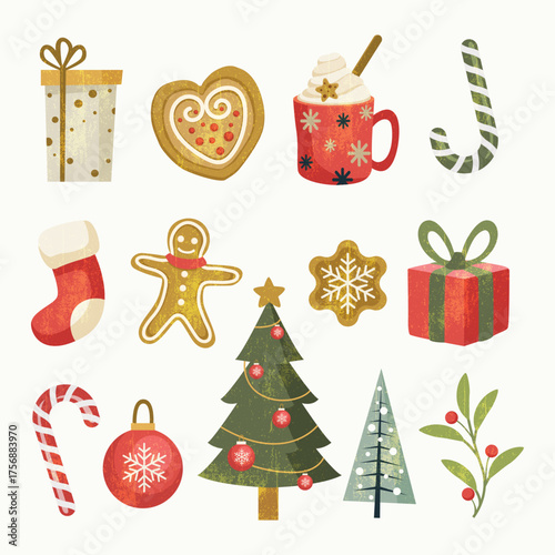Cute Christmas elements with pastel colors and grunge textures