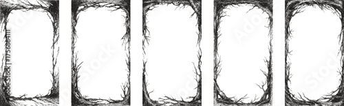 Hand drawn forest frame with twisted tree branches. Vector natural border. Black and white line art with organic texture for book covers or posters.