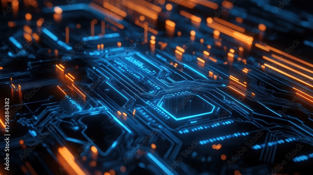Fototapeta premium Glowing blue and orange electronic circuit background symbolizing technology innovation and digital power