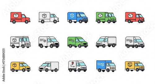 A collection of delivery vans in various colors and designs, representing the concept of delivery service each van has a unique logo
