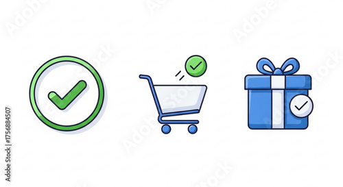 Online shopping icon set contains check mark, shopping cart, and gift box perfect for illustrating ecommerce and online retail