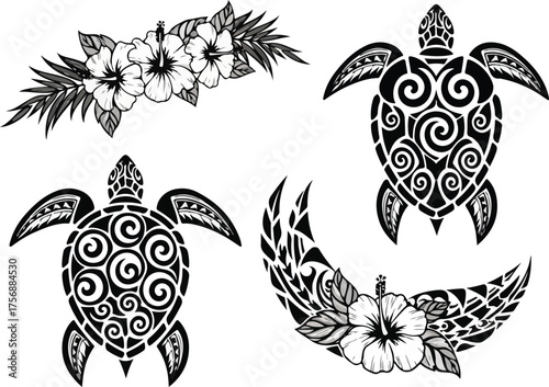 Ornate turtle illustrations with floral accents in a black and white color scheme