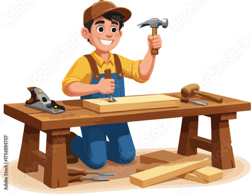Cheerful carpenter working with wood using a hammer and chisel in his workshop