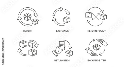 Return and exchange policy concept set of linear icons depicting product return, exchange, refund, and customer service for online shopping