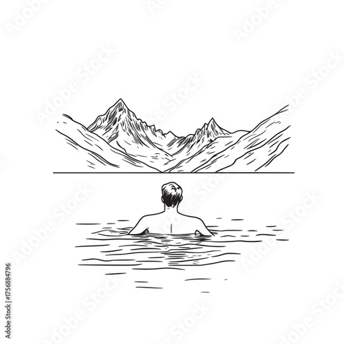 vector illustration of a flat line art style of taking a refreshing dip in a mountain lake