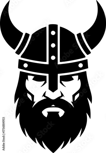 a viking with a horned helmet, simple black and white vector graphic, minimalist design