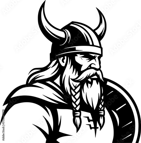 a viking with a horned helmet, simple black and white vector graphic, minimalist design