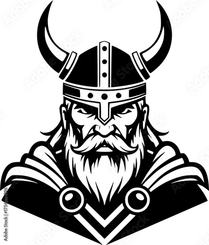 a viking with a horned helmet, simple black and white vector graphic, minimalist design
