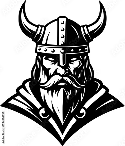 a viking with a horned helmet, simple black and white vector graphic, minimalist design