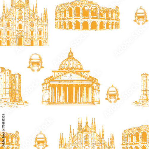 Seamless Vintage Italian wall paper with Verona Arena, Pantheon, Milan Cathedral, Castel del Monte, in Toile de Jouy style