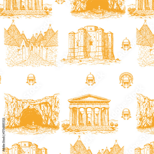 Seamless Vintage Italian wall paper with Castel del Monte, Trulli of Alberobello, Valley of the Temples, Blue Grotto, in Toile de Jouy style