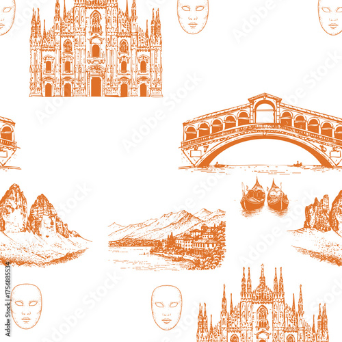 Seamless Vintage Italian wall paper with Milan Cathedral, Rialto Bridge, The Dolomites, Lake Como, in Toile de Jouy style