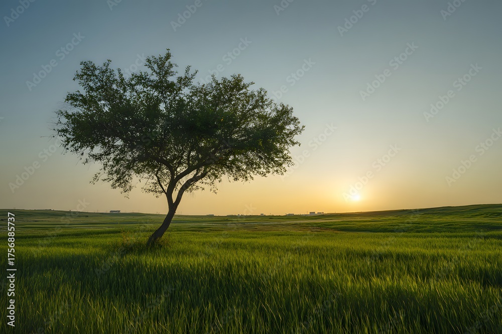 Fototapeta premium Serene Landscape with Green Tree and Sunset
