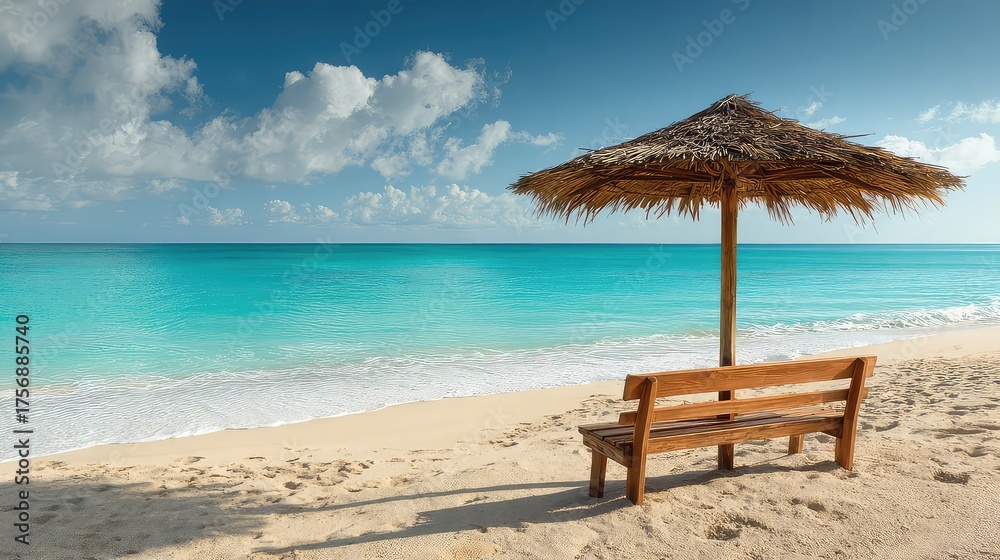 Fototapeta premium Tranquil Beach Scene with Wooden Bench and Umbrella Under Bright Blue Sky and Gentle Wave Patterns