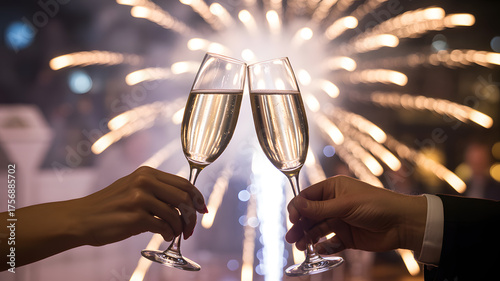 Two champagne glasses toasting in front of fireworks at a new year's eve celebration party