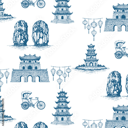 Seamless Vintage Vietnamese wall paper with The Noon Gate of the Hue Imperial City, Ha Long Bay, Turtle Tower, Hoan Kiem Lake, Bai Dinh Pagoda, in Toile de Jouy style