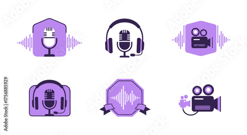 A collection of purple podcasting and video production logo designs featuring microphones, headphones, and recording equipment on a white background.
