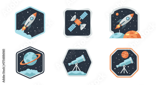 A collection of colorful space-themed badges and emblems, perfect for educational materials or creative projects about the cosmos.