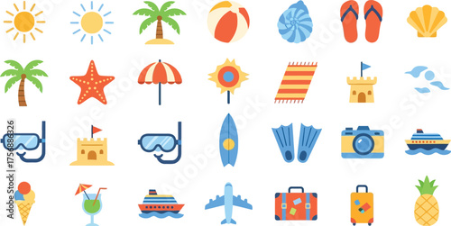 Collection of summer vacation icons in flat style, image shows various elements associated with travel