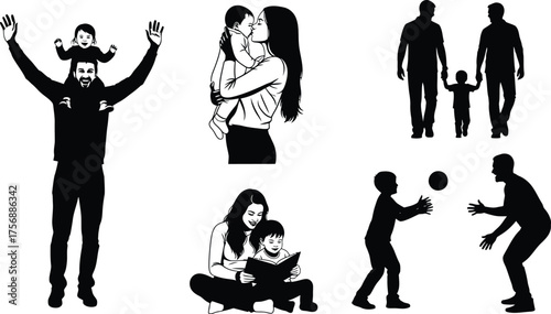 Silhouette of family activities, including parents playing with children, reading, and spending quality time together