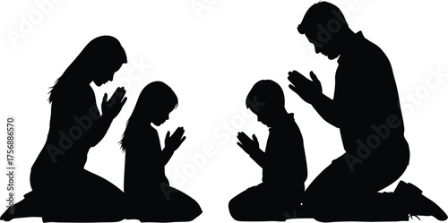 Silhouette of a family praying together, including parents and children, kneeling in reverence