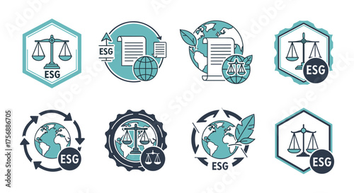 Illustrative icons represent environmental, social, and governance principles, symbolizing sustainable practices and corporate responsibility in a modern context.