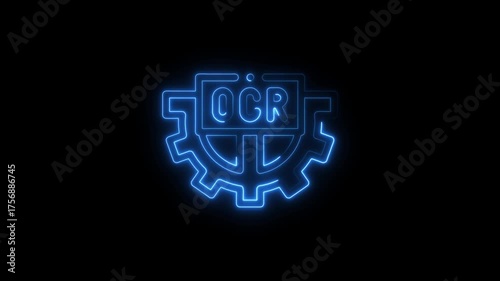 Neon blue O C R gear icon glowing on black background digital technology concept data processing
