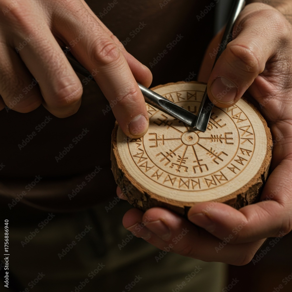 Fototapeta premium Pagan winter festival symbol carving on wooden disk - traditional craftsmanship for holiday decor