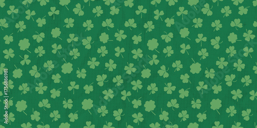 Shamrock or green clover leaves pattern background flat design vector illustration. St Patrick Day shamrock symbols decorative elements horizontal pattern texture.