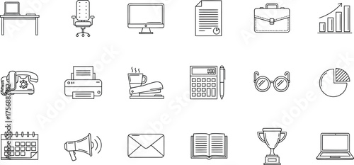 Office equipment and supplies icons set hand drawn vector illustration of desk, chair, computer and other items
