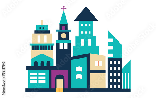 Wallpaper Mural Stylized modern city skyline with colorful geometric buildings and towers Torontodigital.ca